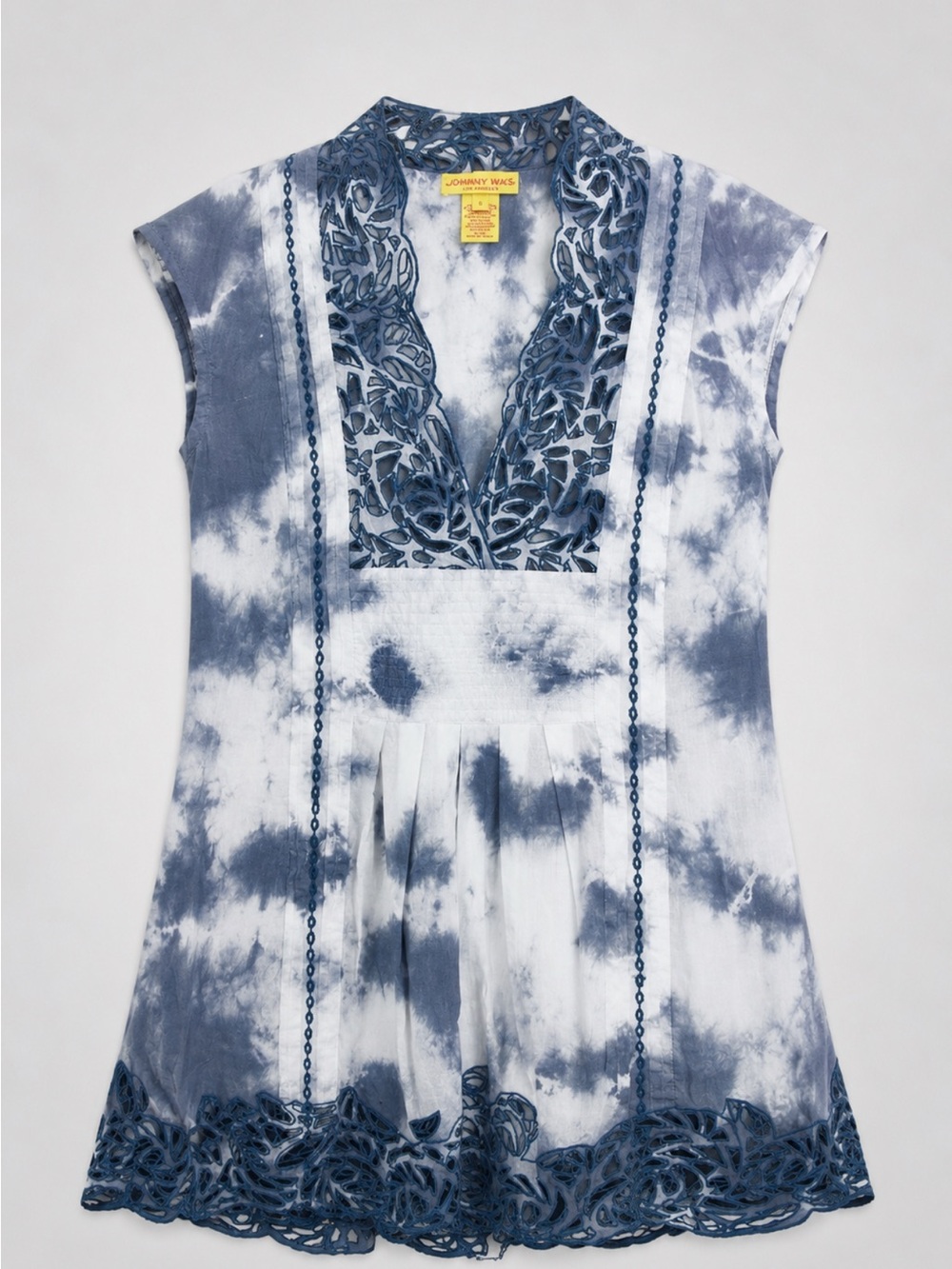 Catherine Malandrino Blue and White Tie-Dye Embroidered V-Neck Tunic